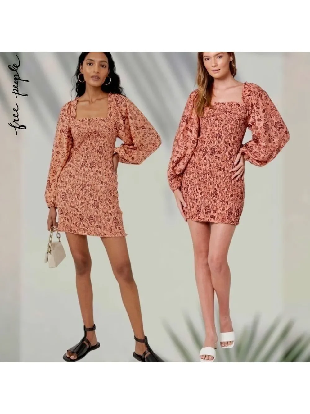 FREE PEOPLE Smock it to Me Puff-Sleeve On/Off Shoulder Smocked MiniDress/Lg NWT